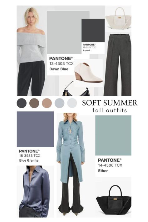 Soft Summer Colors For Fall, Soft Summer Color Palette For Fall, Soft Summer Metals And Stones, Soft Summer Color Palette Outfits For Fall, Calm Summer Outfits, Soft Summer Fashion Outfit Ideas, Soft Summer Outfits Color Palettes, Soft Summer Fall Outfits, Soft Summer Color Palette Outfits