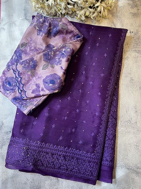 Tuhina violet organza saree handloom organza kutch embroidered by local artisans Mukaish embellishments adds to the beauty Running blouse piece Dry clean only  To view other organza sarees, please click on  https://aavaranaa.com/product-tag/tuhina/ Violet Colour Saree, Stylish Saree Look, Fancy Pattu Sarees, Normal Saree, Kutch Work Saree, Benaras Sarees, Saree Combination, Designer Party Wear Saree, Classy Saree