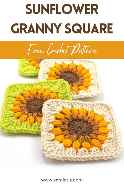 Sunflower Granny Square [aka Sunburst Square] - Zamiguz Crochet A Sunflower, Granny Square Free Pattern, Sunflower Granny Square, Granny Square Pattern Free, Joining Granny Squares, Crochet Cluster Stitch, Crochet Motives, Granny Pattern, Bucket Hat Pattern