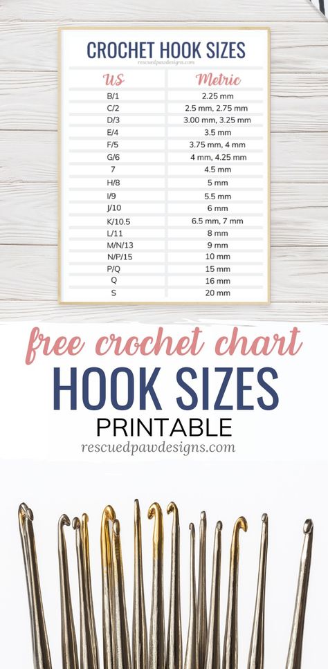 Print this Crochet Hook Size Chart with this FREE download from Rescued Paw Designs - #crochethooksizechart #crochethookcomparisonchart Crochet Hook Size Chart, Crochet Hook Conversion Chart, Crochet Hook Sizes Chart, Crochet Hook Organizer, Crochet Hook Handles, Wood Crochet Hook, Crochet Hook Holder, Crochet Hook Size, Crochet Hook Case