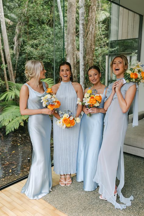 Same Dress Bridesmaids, Bridesmaids Same Color Different Dress, Less Formal Bridesmaid Dresses, Bermuda Bridesmaid Dresses, Tropical Color Bridesmaid Dresses, Pastel Yellow And Blue Wedding Bridesmaid Dresses, Different Blues Bridal Party, Florida Bridesmaid Dresses, Light Blue And Yellow Bridesmaid Dresses