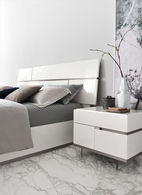 The ALF Artemide has been beautifully crafted with a white high gloss finish and features perfectly-complementing inserts of metal grooves and transparent legs. Sleeping Room Design, Italian Bedroom, Modern Bedroom Interior, Bedroom Bed Design, Bedroom Furniture Design, Living Room Sectional, Bedroom Collection, King Bed, Modern Bed