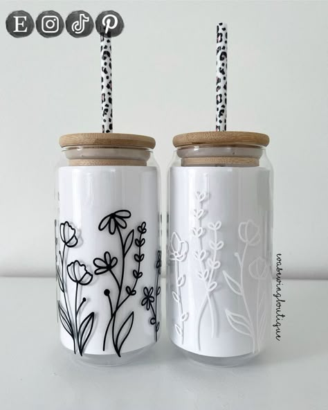 Glass Bamboo Cup Ideas, Glass Can Cricut, Bamboo Glass Design, Glass Can Tumbler Ideas, Glass Can Designs, Glass Cup With Bamboo Lid Designs, Glass Tumbler Ideas, Glass Tumbler Design Ideas, Custom Cup Ideas