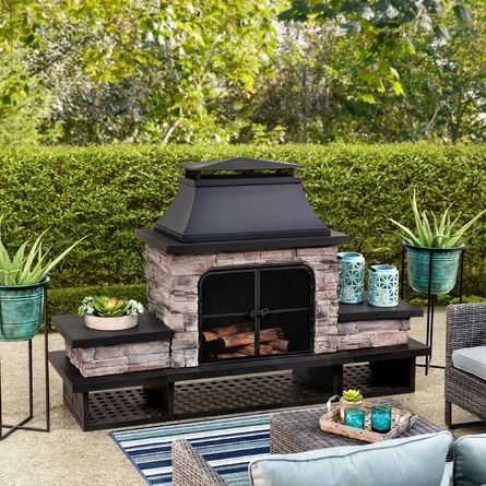 Canora Grey Quillen 52.36" H x 81.5" W Wood Burning Outdoor Fireplace | Wayfair Fire Pit Off Patio, Fireplace Patio, Outdoor Wood Burning Fireplace, Fire Poker, Fire Pokers, Outdoor Structure, Outdoor Fireplace Patio, Backyard Fireplace, Screen Doors