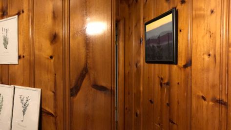 Knotty pine paneling that has turned orange Knotty Pine Walls Makeover, Painted Knotty Pine Walls, Wood Paneled Room, Knotty Pine Living Room, Stained Knotty Pine, Knotty Pine Rooms, Knotty Pine Trim, Knotty Pine Ceiling, Knotty Pine Cabinets