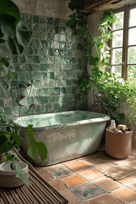 Green Nature Bathroom, Natural Stone Shower Ideas, Bathroom Nature Theme, Small Green Bathroom Ideas, Green Tile Bathroom Floor, Natural Bathrooms, Rainforest Bathroom, Baie Vintage, Green Tile Shower Ideas