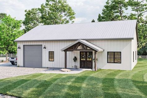 Budget-friendly Garage Apartment with Flexible Floor Plan w/ 2-Car Garage (HQ Plans & 3D Concepts) - Metal Building Homes Farm Barndominium, Shop Floor Plan, Ranch Cottage, Metal Building House, Metal Building House Plans, Barndominium House, Barn Plan, Country Style Bedroom, Pole Barn House