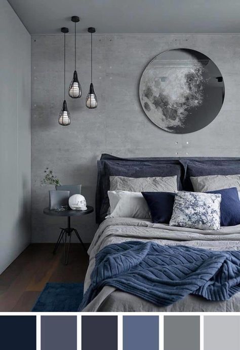 Grey Bedroom Colors, Blue Bedroom Colors, Bedroom Color Ideas, Dark Blue Bedroom, Design Ložnic, Dark Blue Bedrooms, Bedroom Colour Palette, Aesthetic Boho, Makeup Room Decor