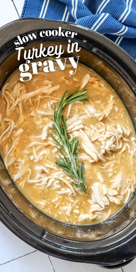 Slow Cooker Turkey in Gravy - Slow cooker turkey in gravy is a foolproof way to get juicy, moist, never dry shredded turkey right in your crockpot with tons of rich gravy! #slowcookerturkeyingravy #maindishes #slowcooker Pulled Turkey Recipes, Shredded Turkey Sandwiches, Turkey Recipes Slow Cooker, Turkey In Gravy, Pulled Turkey Sandwiches, Rosemary Garnish, Turkey Crockpot, Pulled Turkey, Turkey Tenderloin Recipes