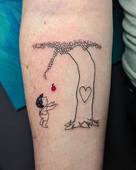 Shel Silverstein's Giving Tree for Tierney! 🍎🌳❤️ Giving Tree Tattoo Shel Silverstein, Truffula Tree Tattoo, Childhood Book Tattoos, Shel Silverstein Art, Shel Silverstein Tattoo, Buddy Tattoos, The Giving Tree Tattoo, Giving Tree Tattoo, Giving Tree Tattoos