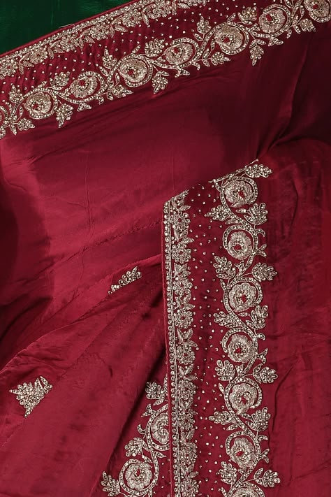 Buy Wine Red Stone Embroidered Satin Saree Online | Samyakk Dabka Work Saree, Saree Border Hand Work Design, Handwork Saree Designs, Saree Handwork Designs, Wine Red Saree, Handwork Embroidery Design Suits, Embroidery Designs Saree, Embroidery On Saree, Zardozi Saree