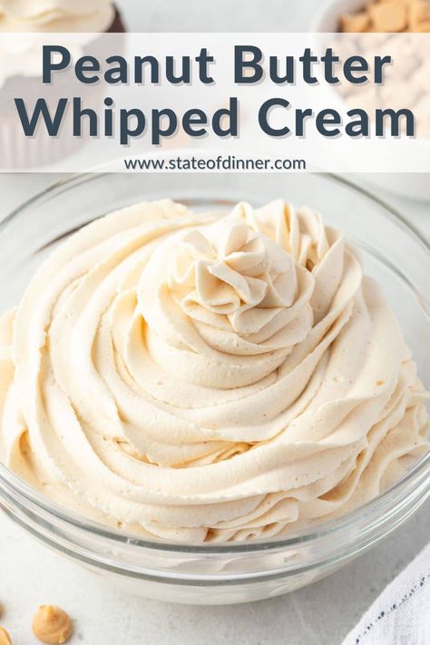 Transform ordinary whipped cream into a rich, nutty treat with this easy Peanut Butter Whipped Cream recipe. All it takes is 4 simple ingredients whipped together to create a light, fluffy peanut butter-flavored cream that's perfect for topping waffles, pancakes, ice cream sundaes, or your favorite desserts. Peanut Butter Cream Filling, Fluffy Peanut Butter Frosting Recipe, Peanut Butter Cool Whip Frosting, Peanut Butter Whipped Cream Dessert, Peanut Butter Whipped Cream Frosting, Whipped Peanut Butter Frosting, Whipping Cream Recipe, Peanut Butter Whip, Peanut Butter Whipped Cream