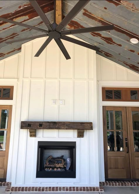 Open Concept Foyer And Living Room, Board And Batten Outside House, Farmhouse Ranch Style Homes Interior, House With Shop Next To It, Tin Roof Porch, Bourbon Basement, Bardominum Ideas, Alabama Farmhouse, Simple Barndominium Ideas