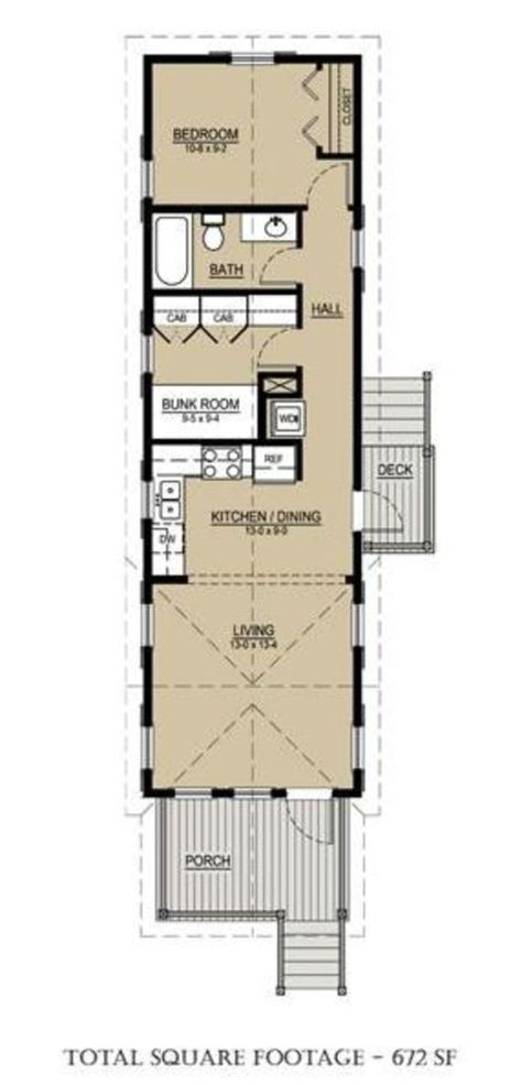 House plan for a long narrow lot by architect Bruce Tolar. by superflea Tiny House Bunk Room, Shotgun House Plans, Narrow House Plans, House Plan With Loft, Shotgun House, Long House, Cottage Style House Plans, Small House Floor Plans, Narrow House