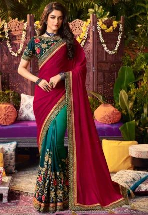 Page 2 | Pure Georgette Sarees Online: Perfect Indian Ethnic Pick For Every Occasion | Utsav Fashion Dark Pink Saree, Green Silk Fabric, Georgette Silk Saree, Dark Green Blouse, Pure Georgette Sarees, Traditional Attires, Utsav Fashion, Indian Dress, Traditional Sarees