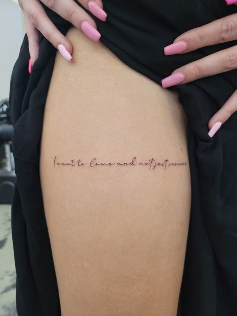 Tattoo In Legs For Women, Thighs Tattoo Women, Thigh Tattoos Women Aesthetic, Thigh Words Tattoo, Leg Tattoo For Woman, Thigh Tattoos Women Words, Front Thigh Tattoos Women Quotes, Simple Thigh Tattoo, Upper Leg Tattoos Women