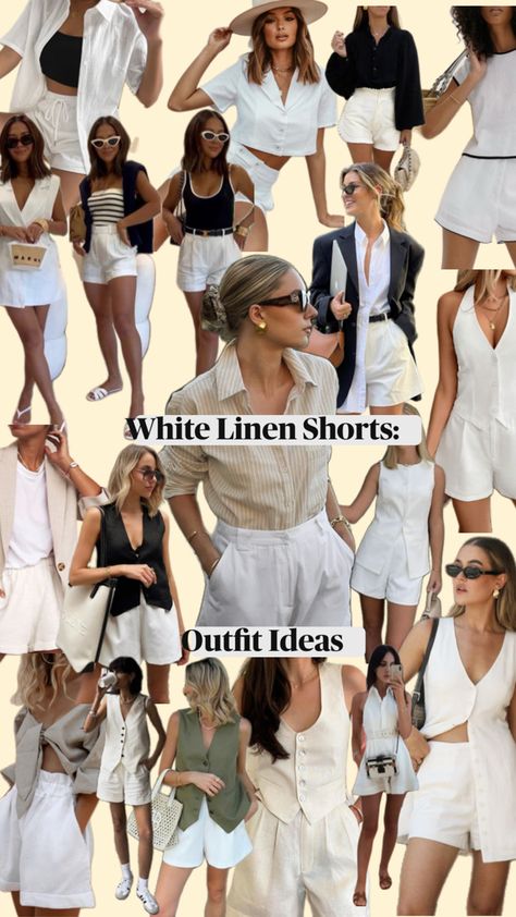 White Linen Shorts: Outfit Ideas White Linen Shorts Outfit, Linen Shorts Outfit Summer, Linen Shorts Outfit, Shorts Outfit Ideas, White Linen Shorts, Color Combos Outfit, Summer Shorts Outfits, 30s Fashion, Vacay Outfits