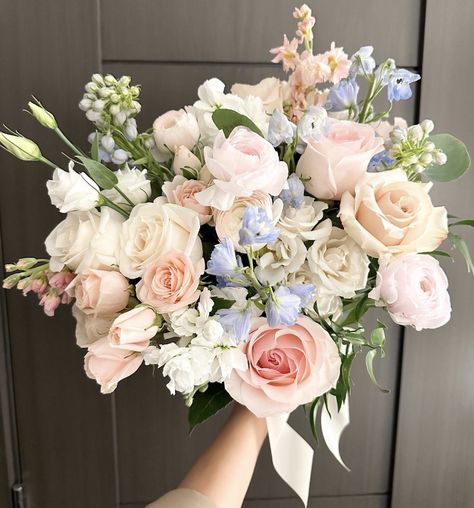 Romantic Flower Arrangements Wedding, Best Flowers For Bridal Bouquet, Pale Wedding Bouquet, Pink Blue Wedding Bouquet, Pastel Pink Bouquet Wedding, English Garden Bridal Bouquet, Light Pink And Blue Wedding Flowers, Wedding Flowers Romantic, Blue Pink Flower Arrangements