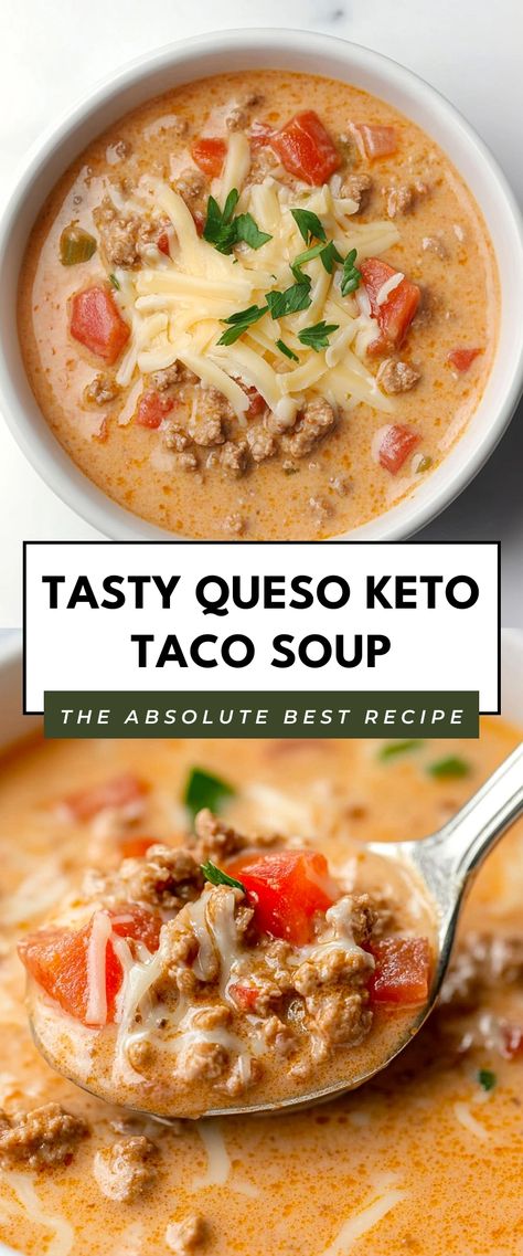 Image for Tasty Queso Keto Taco Soup Best Keto Soups Ever, Easy Keto Taco Soup, Cheesy Keto Taco Soup Recipe, Keto Mexican Soup Recipes, Taco Soup Recipe Keto, Low Carb Taco Soup Recipe, Keto Cheesy Taco Casserole, Queso Soup Keto, Keri Taco Soup