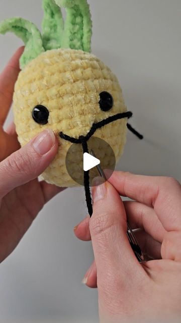 Nicole Chase 🧶 on Instagram: "Let's embroider a smile on this cute pineapple!   This is my favorite way to embroider a smile. I like that the line for the smile is all done with one strand rather than going in and out of stitches, which can sometimes look a little boxy. This way, it keeps the line a bit more smooth.   Do you like embroidering on your amigurumi?   #thenicolechase #amigurumi #crocheting #crochetembroidery #crochettutorial" How To Embroider A Smile On Crochet, How To Add A Smile To Crochet, How To Sew A Mouth On Amigurumi, How To Embroider Smile On Amigurumi, How To Embroider Amigurumi Faces, Amigurumi Mouth Embroidery, How To Embroider Nose On Amigurumi, Amigurumi Smile Embroidery, Crochet Smile