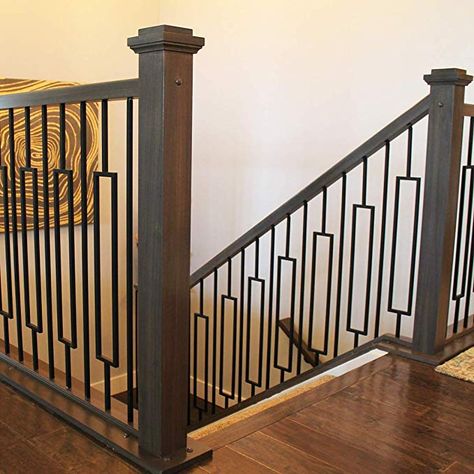 Contemporary Single Rectangle Stair Wrought Iron Balusters (5-Pack) Modern Hollow Metal Railing Spindles (Real Satin Black not Matte) - - AmazonSmile Iron Stair Balusters, Indoor Railing, Metal Stair Railing, Metal Balusters, Stair Renovation, Wrought Iron Stair Railing, Modern Stair Railing, Stair Balusters, Staircase Railing Design