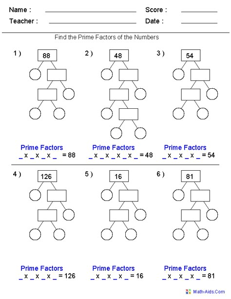 Prime Factorization Trees Factors Worksheets- Use for homework or in class assignment Prime Numbers Worksheet, Prime Factorization Worksheet, Prime Factors, Factor Trees, Greatest Common Factors, Factors And Multiples, Prime Factorization, Prime And Composite, Common Factors