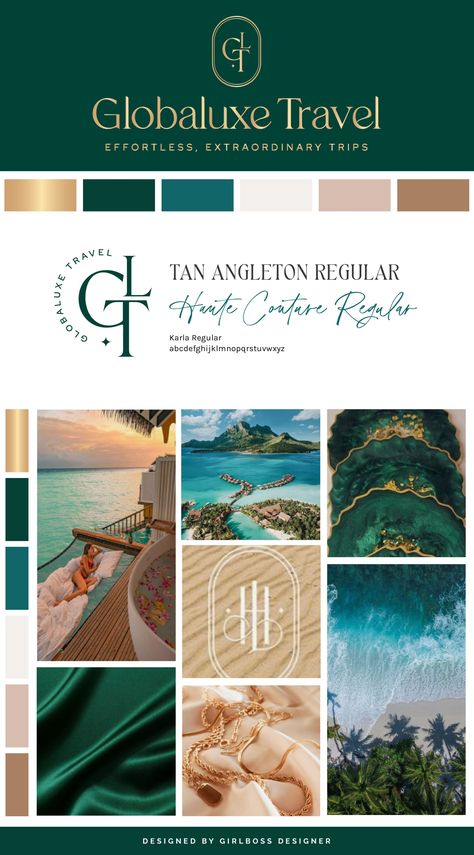 Globaluxe Travel is a brand that exudes professionalism, luxury, and confidence. The inspiration came from a combination of shades of green, gold, and sophisticated typography.To achieve this goal, we have chosen an elegant color palette consisting of emerald green, metallic gold, teal, warm neutrals, and blush. The use of a unique serif font for the main logo creates a sophisticated, high-end vibe that is complemented by the simple and clean sans-serif font below. Check out all the details here Emerald Gold Palette, Color Palette Luxury Colour Schemes, High End Brand Color Palette, Luxury Travel Color Palette, Emerald Gold Color Palette, Teal And Neutral Color Palette, Teal And Gold Branding, Emerald And Gold Color Palette, Luxury Green Palette