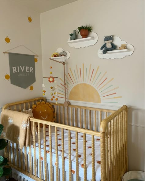 Cozy sunshine nursery Nursery With Sun Wall, Sunshine Theme Bedroom, Orange Green Nursery, Sunshine Theme Nursery, Nursery Ideas Sunshine, Sunshine Nursery Theme Gender Neutral, Sun Theme Nursery, Sun Themed Room, Sun Nursery Theme