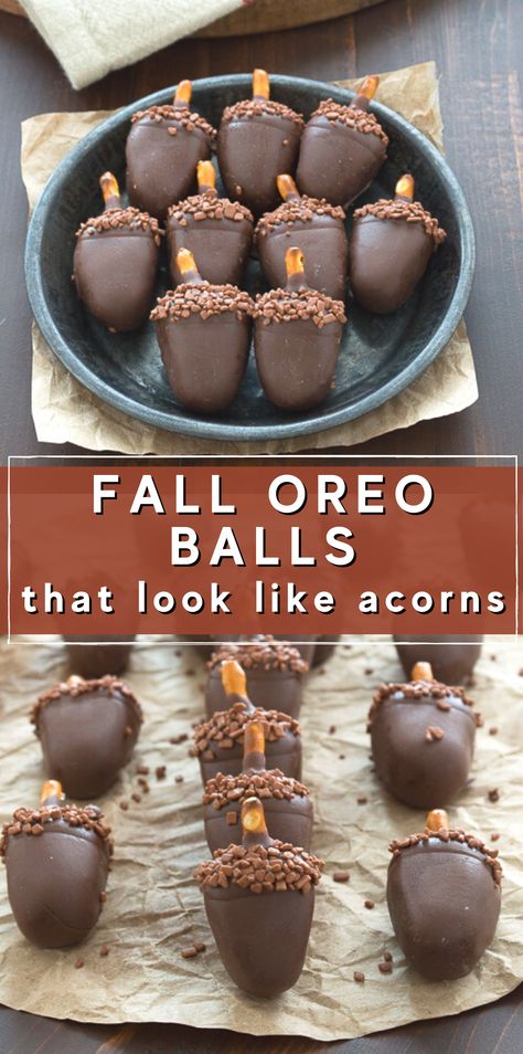 These acorn shaped oreo balls are the perfect fall oreo ball. Peanut butter oreo balls made to look like acorns! #oreoballs Oreo Cookie Balls Recipe, Cookie Balls Recipe, Jul Kaka, Oreo Balls Recipe, Oreo Cake Pops, Thanksgiving Snacks, Peanut Butter Oreo, Oreo Balls, Healthy Thanksgiving