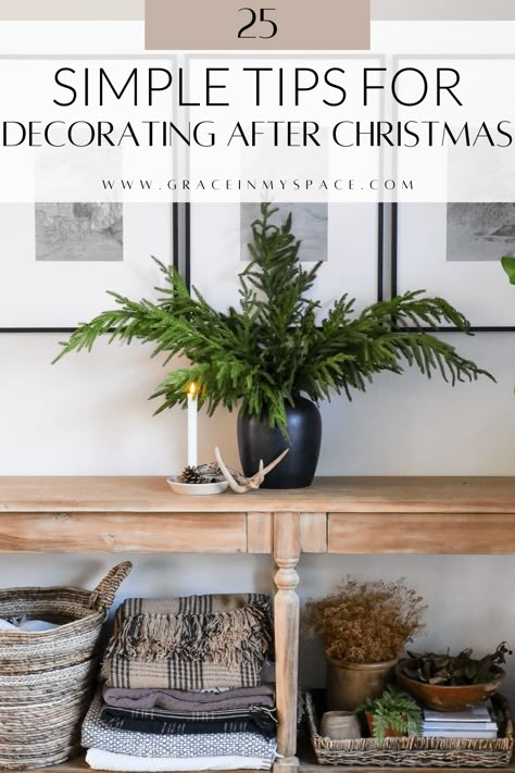 Winter decor can feel bland after a full house for the holidays. It can be jarring, like two extremes after all the Christmas decor comes down. But the transition to winter decor doesn’t have to be complicated. Here are 25 simple tips for how to decorate after Christmas for an easy transition. Christmas Tree Branches In Vase, Winter But Not Christmas Decor, How Decorate Your Room, Early Winter Decor, How To Decorate On Top Of Armoire, Winter Kitchen Island Centerpieces, How To Decorate In February, Winter Entertainment Center Decor, Post Holiday Decorating