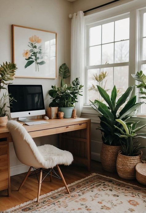 Feminine Boho Office, Yoga Room Office, Home Office Ideas Apartment, Women Office Ideas At Home, Woman's Home Office, Aesthetic Home Office Ideas, Woman’s Home Office, Scandinavian Home Office Ideas, Office In Living Room Apartment