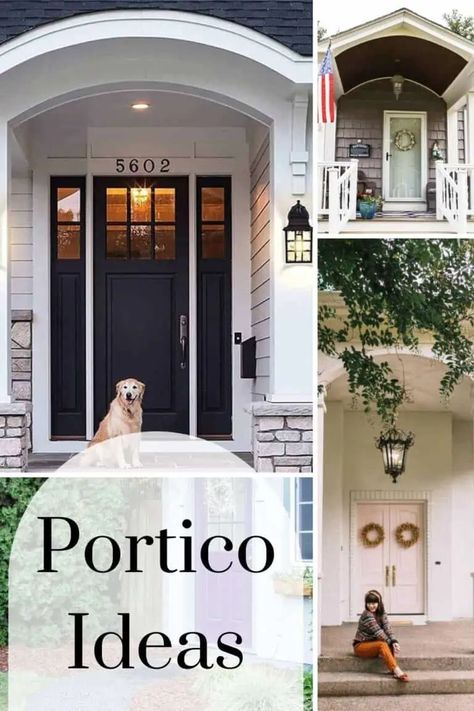 Front Porch Portico Design Ideas, Portico Railing Design, Portico Ideas Entrance, Covered Front Entryway Ideas Exterior, Beautiful Front Doors Curb Appeal, Outdoor Front Porch Ideas Entrance, Outdoor Entryway Ideas Exterior, No Porch Front Door Entrance, Exterior Front Entryway Ideas