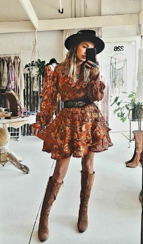 Dressy Cowgirl Style Outfits Dress, Short Boho Dress With Boots, Pink Dress Cowboy Boots, Western Style Dresses Cowgirl Fashion, Rodeo Dress Outfits For Women, Wedding Western Outfits, Short Boho Dress With Tall Boots, Navy Dress With Boots, Western Outfits Dress