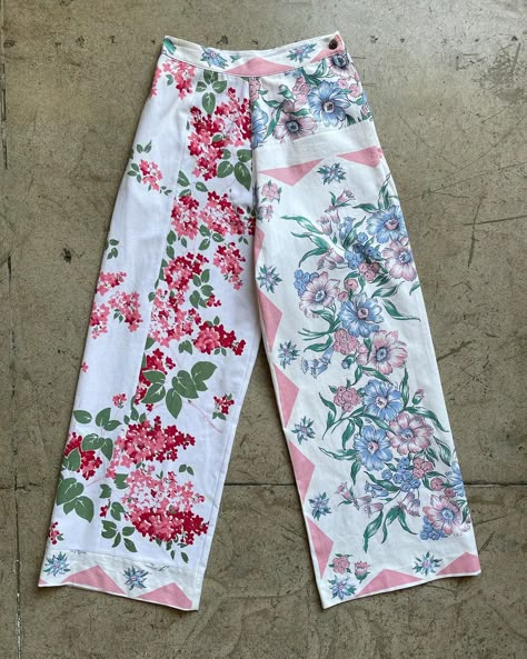 Floral Tablecloths, Towel Clothes, Patchwork Trousers, Mending Clothes, Recycled Clothes, High Waist Wide Leg Pants, 3 Women, Upcycled Fashion, Fashion Project