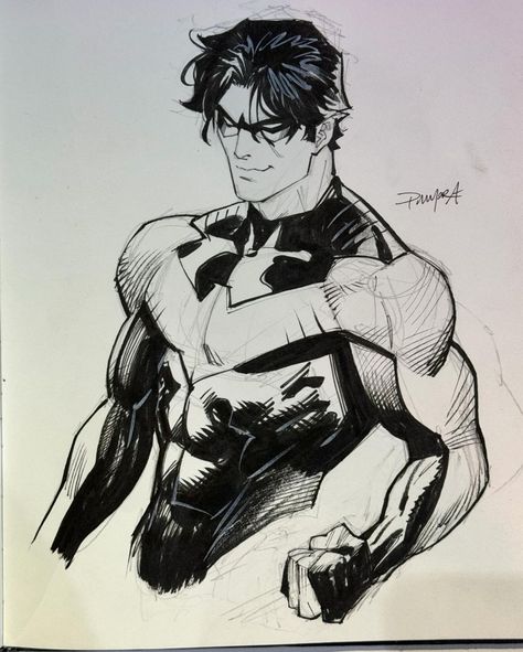 Dan Mora Chaves (@dan_mora_c) • Instagram photos and videos Nightwing Art Drawings, Nightwing Black And White, Dan Mora Nightwing, Stuck In A Box Pose Reference, Nightwing Reference, Flying Reference Pose, Man Looking Over Shoulder, Starfire X Nightwing, Nightwing Drawing