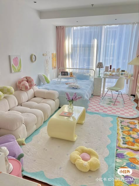 Pretty Wallpapers Bedrooms, Cute Kawaii Bedroom Ideas, Kawaii Studio Apartment, Cute Cozy Living Room, Pastel Studio Apartment, Cute Bedroom Furniture, Kawaii Interior Design, Pastel Apartment Aesthetic, Kawaii Living Room