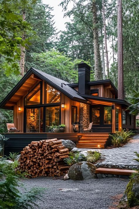 Forest Wood House, House In Pine Trees, Cabin Homes Exterior, Cabin On A Hill, Live Edge Siding Exterior, Wood Modern House, Modern Cottage Homes Exterior, House In The Woods Exterior, Small Mountain House Plans