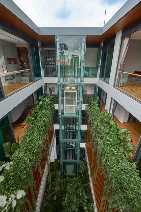 Home Tour: A Nature-Inspired Abode With Lush Green Terraces | Tatler Singapore Small Atrium, Japanese Courtyard House Plans, Green Atrium, Japanese Courtyard House, Outdoor Elevator, Hotel Stairs, Green Courtyard, Japanese Courtyard, Green Terrace