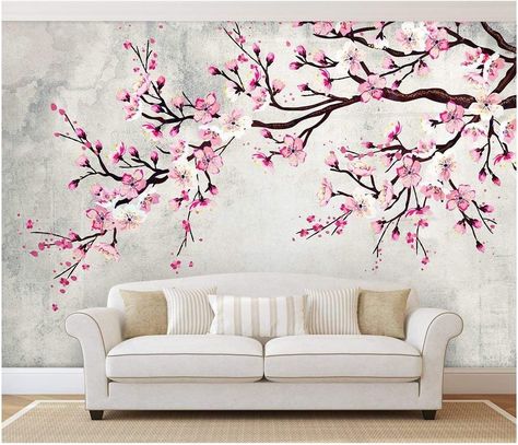 Vintage Wall Background, Wallpaper Painting, Cherry Blossom Wall Art, Large Wall Murals, Cherry Blossom Painting, Diy Wand, Pink Cherry Blossom, Vintage Cherry, Wall Painting Decor