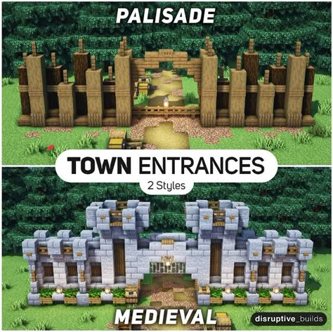 Minecraft Wall Gate Design, Minecraft Wall Entrance Designs, Minecraft Town Wall Ideas, Minecraft Survival Wall, Minecraft Big Entrance Ideas, Wall Entrance Minecraft, Palisade Wall Minecraft, Entrances Minecraft Ideas, Minecraft Center Of Town Ideas