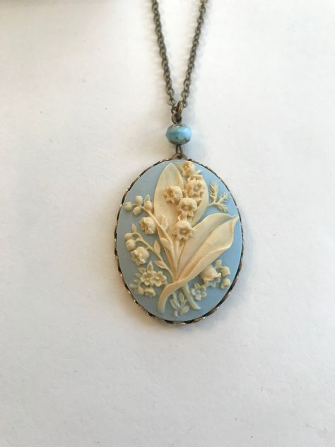 Blue Lily Of The Valley, Lily Of The Valley Flowers, Vintage Style Necklace, Valley Flowers, Blue Lily, Vintage Inspired Jewelry, Cameo Jewelry, Cameo Necklace, Cameo Pendant