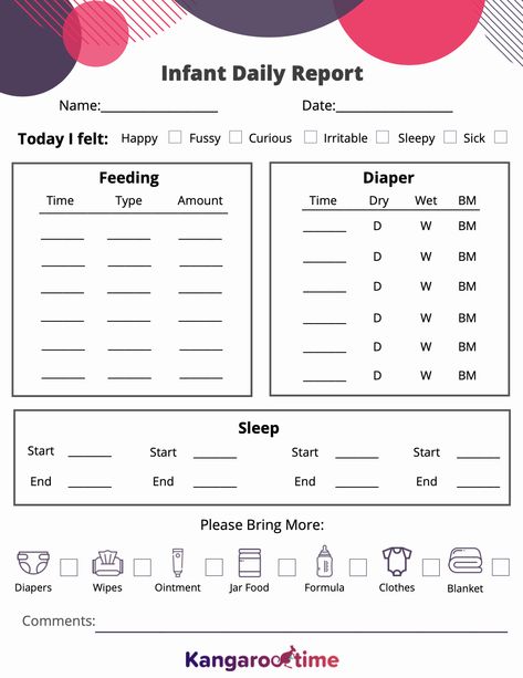 Daily notes are an easy way to give parents a glimpse into their child’s day and keep them updated with important information. Kangarootime’s infant daily report template gives your center staff a way to track an infant’s mood, diaper changes, feedings, naps, and any additional supplies their parents will need to bring in. By tracking this information, your staff can engage parents and better care for your center’s children. Infant Care Sheet, Daycare Daily Report, Toddler Daily Report, Inhome Daycare, Daily Report Template, Daycare Daily Sheets, Infant Daily Report, Infant Room Ideas, Daycare Printables