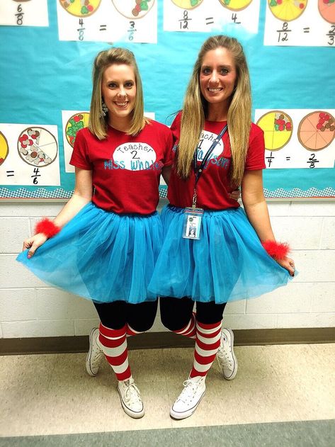 Read Across America Week! Teacher 1 Teacher 2 outfits ❤️❤️ Happy Birthday Dr. Seuss #iteachthird #teachersfollowteachers #drseuss Teacher 1 Teacher 2 Shirts Dr. Seuss, Dr Seuss Spirit Week Outfit Ideas, Dr Sues Dress Up Ideas, Dr Sues Costumes, Thing 1 Thing 2 Costume Teacher, Dr Seuss Teacher Costume, Dr Suess Inspired Outfits, Thing One Thing 2 Costumes, Cat In The Hat Dress Up Ideas For School