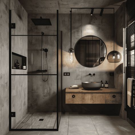 Modern Industrial Concrete Bathroom in Warm Wood Tones [Room Concept] Masculine Small Bathroom, Concrete Bathroom Design, Modern Industrial Bathroom, Industrial Bathroom Design, Bathroom Lighting Ideas, Industrial Living Room Design, Warm Wood Tones, Room Concept, Industrial Style Bathroom