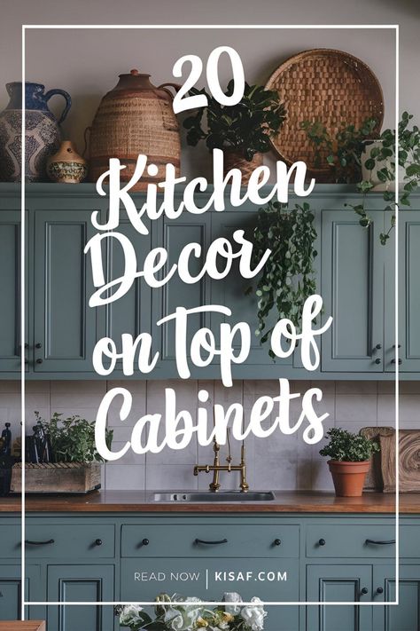 20 Kitchen Decor Ideas on Top of Cabinets You Need to Try! Decor For Upper Kitchen Cabinets, Pottery On Top Of Kitchen Cabinets, Top Of Kitchen Cupboard Ideas, Styling Tops Of Kitchen Cabinets, Christmas Decor Ideas On Top Of Cabinets, Over The Cabinet Kitchen Decor Ideas Modern, Top Cupboard Decor Kitchen, Kitchen Cabinet Decorations Top Of, Kitchen Counter Shelf Decor