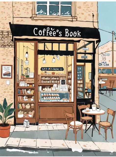 Coffee Shop With Library, Cafe Drawing Aesthetic, Cafe Sketch Coffee Shop, Coffee Shop Drawing Sketch, Bookshop Drawing, Cute Cafe Drawing, Bookstore Drawing, Cafe Concept Art, Coffee Shop Sketch