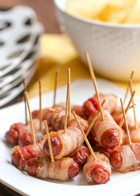 Just 3 ingredients to make candied bacon wrapped smokies. They are the ultimate appetizer and always the first to disappear! #baconwrappedsmokies #littlesmokies #smokies #bacon #appetizers Bacon Wrapped Weenies, Bacon Wrapped Lil Smokies, Hot Dog Appetizers, Little Smokies Recipes, Favorite Party Appetizers, Smokies Recipe, Bacon Wrapped Smokies, Lil Smokies, Bacon Wrapped Dates