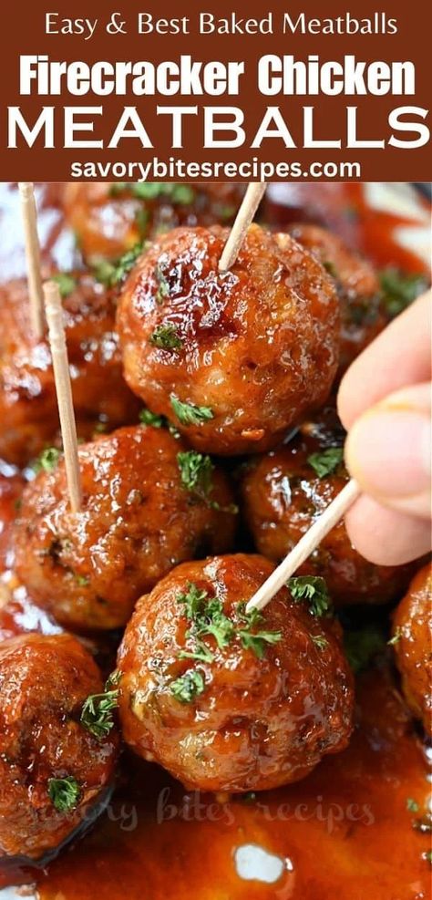 These Firecracker Chicken Meatballs are baked, easy , delicious and healthy. Enjoy these firecracker chicken meatballs with sweet, savoury and spicy firecracker sauce! #firecrackermeatballs #chickenmeatballs #meatballs Spicy Meatballs Crockpot, Firecracker Chicken Meatballs, Spicy Meatballs Recipe, Firecracker Meatballs, Spicy Chicken Meatballs, Sweet Meatballs, Firecracker Sauce, Ground Chicken Meatballs, Meatball Appetizer Recipe