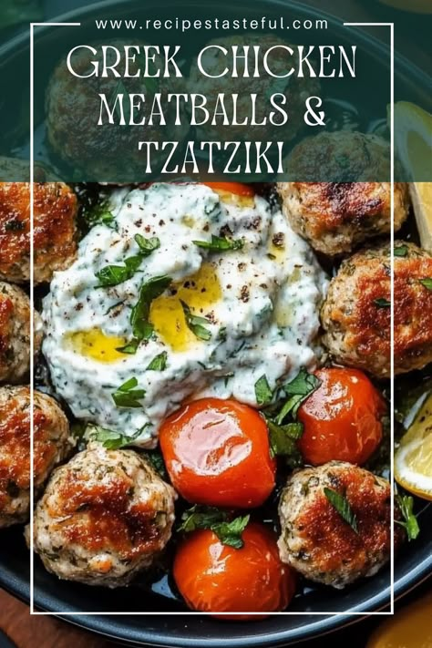 Delight in these Mediterranean-inspired Greek chicken meatballs, perfectly paired with a creamy homemade tzatziki. Ideal for salads, pita wraps, or as a standalone appetizer! Greek Chicken Meatballs, Greek Meatballs Recipe, Pita Wraps, Mediterranean Snacks, Mediterranean Recipes Healthy, Greek Appetizers, Greek Dinners, Homemade Tzatziki Sauce, Greek Meatballs