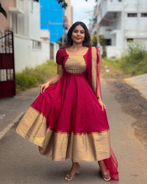 ANJALI- RED, PINK🌸 .Silk Anarkalis from @labelkamra ||DIWALI EDITION||LK294 Cotton Saree Dress Recycle Kurti, Anarkali Hand Designs, Cream Colour Combinations Dress, Anarkali Dress From Saree Ideas, Pattu Anarkali Dress Designs, Traditional Kurti Designs Latest, Silk Saree To Dress, Latest Trendy Dresses Indian, Long Frock Back Neck Models